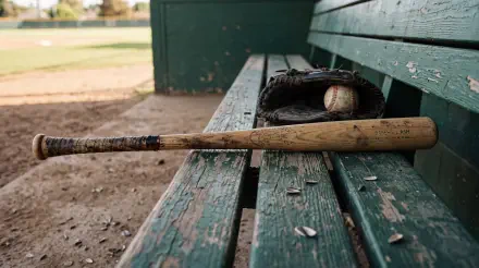 Weathered baseball bat, glove, and ball on a dugout bench, featured in a 5K Ultra HD PC desktop wallpaper and background.