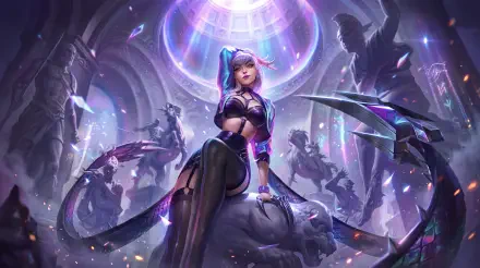 Anime-style K/DA Evelynn from League of Legends in a dramatic neon-lit scene, featured in a 5K Ultra HD PC desktop wallpaper.