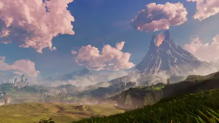 The Legend of Zelda: Ocarina of Time (2026) 2K Quad HD PC desktop wallpaper featuring a towering mountain beneath pink clouds.
