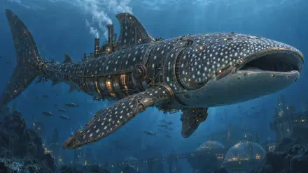 Sci-fi whale shark submarine gliding underwater, 4K Ultra HD PC desktop wallpaper and background.