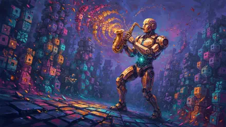 4K Ultra HD desktop wallpaper of a futuristic robot playing saxophone amid a vibrant neon cityscape.