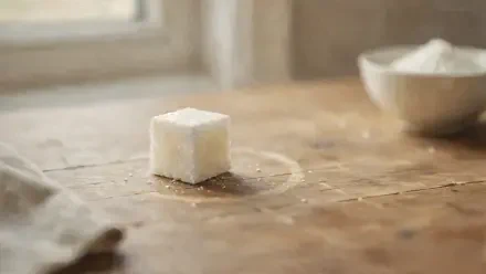 Sugar cube on a rustic kitchen table with a bowl in the background, 4K Ultra HD PC desktop wallpaper and background.