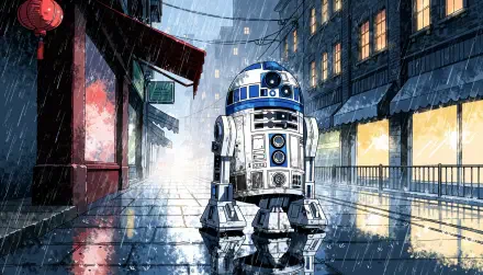 R2-D2 in a rain-soaked city street, Star Wars 4K Ultra HD PC desktop wallpaper and background.