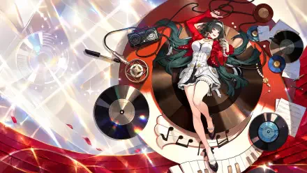 Astra Yao surrounded by vinyl records in a vibrant anime scene, 4K Ultra HD PC desktop wallpaper and background.