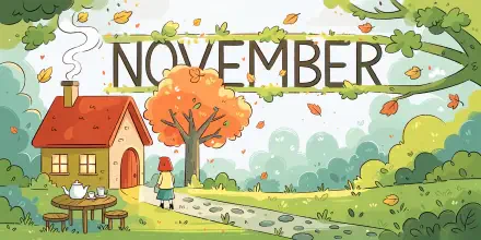 Illustrated November autumn village with falling leaves, a cozy cottage, and a child—4K Ultra HD PC desktop wallpaper and background.