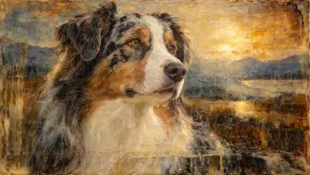 4K Ultra HD desktop wallpaper featuring a painted Australian shepherd gazing across a golden countryside.