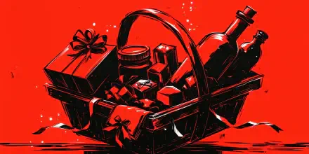 Red and black gift basket filled with wine bottles and wrapped presents, 4K Ultra HD PC desktop wallpaper and background.