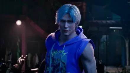 Virtua Fighter Crossroads HD PC desktop wallpaper featuring a blue-haired man in a sleeveless blue hoodie against a dark, atmospheric backdrop.
