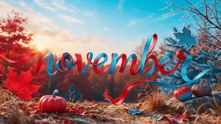 November autumn typography in flowing red and teal lettering amid colorful fall leaves, 4K Ultra HD PC desktop wallpaper and background.