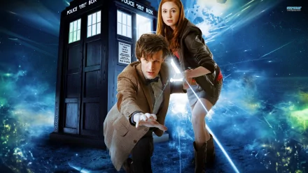 HD desktop wallpaper featuring Matt Smith as the Doctor and Karen Gillan as Amy Pond with the TARDIS from the TV show Doctor Who (2005).