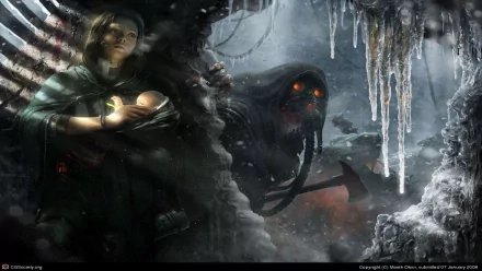 A dark, atmospheric HD wallpaper featuring a woman in latex holding a baby, with a menacing cyborg wielding an axe lurking in the shadows, surrounded by icy details.