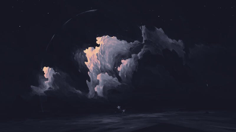 {{ 4K Ultra HD digital painting landscape wallpaper showing a moody night sky with glowing pink-tinged clouds above a dark sea — illustration artwork for PC desktop background.