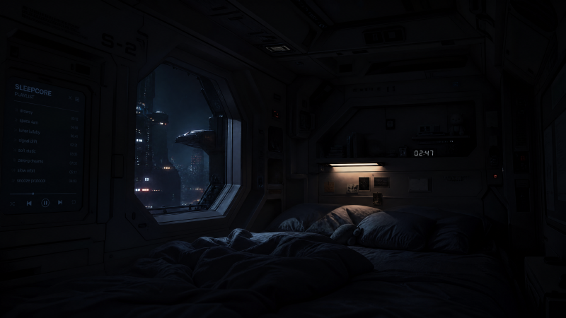 {{ sleepcore 4K Ultra HD PC desktop wallpaper and background: dim spaceship berth with rumpled bed, warm bedside lamp, and neon city skyline beyond a round window.