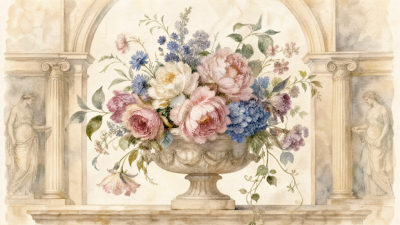 {{ Watercolor floral bouquet in an ornate urn framed by classical arches — 4K Ultra HD PC desktop wallpaper background