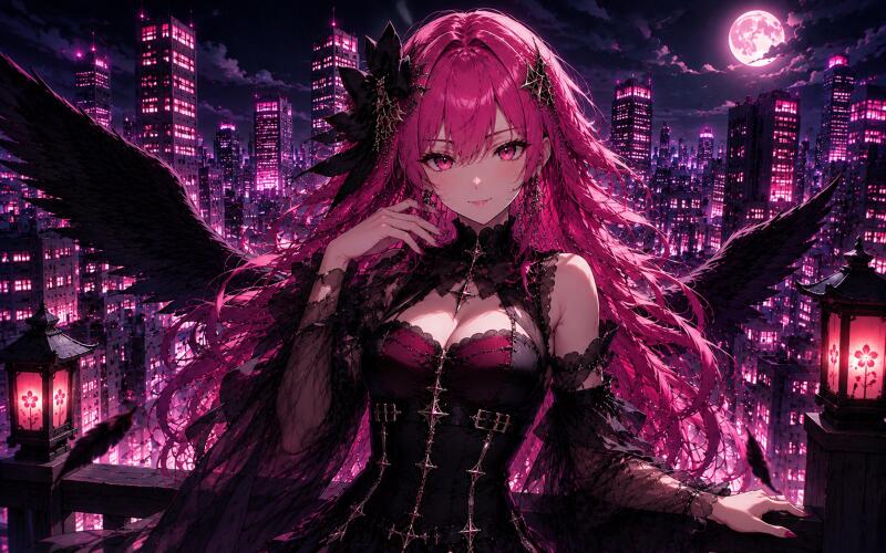 {{ Remielle Dan anime — a long pink‑haired, winged gothic figure overlooking a neon city and full moon; 4K Ultra HD PC desktop wallpaper and background. 
