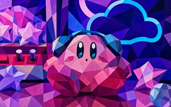 Low-poly Kirby in purple-pink geometric stars and clouds — 4K Ultra HD PC desktop wallpaper and background.