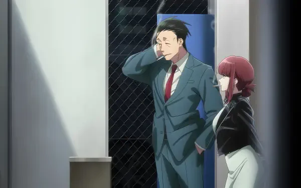 5K Ultra HD anime desktop wallpaper of Sasaki smoking and Yamada standing nearby from Smoking Behind the Supermarket with You, framed in a shop doorway.