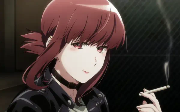Anime HD PC desktop wallpaper: Yamada from Smoking Behind the Supermarket with You — red-haired woman in a choker and leather jacket, smirking as she smokes behind a supermarket at night.