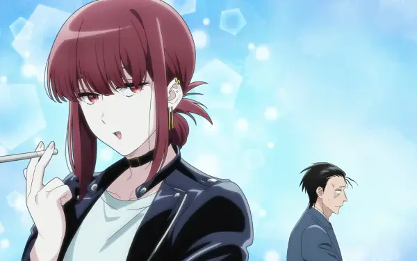 HD PC desktop wallpaper of Yamada and Sasaki from the anime Smoking Behind the Supermarket with You — Yamada smoking in the foreground, Sasaki standing behind under a bright blue bokeh sky.