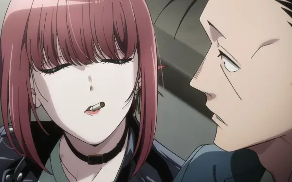 HD PC desktop wallpaper: anime scene from Smoking Behind the Supermarket with You showing Yamada with a cigarette and Sasaki gazing at her, intimate close-up.