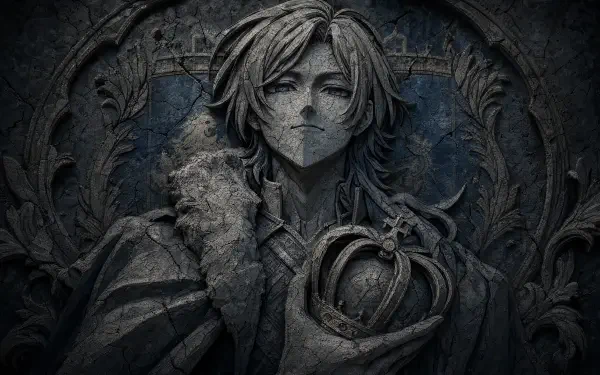 Stone relief of a regal youth clutching a crown amid ornate gothic carvings in moody blue-gray tones — 4K Ultra HD PC desktop wallpaper and background, tagged Miachael Kaiser