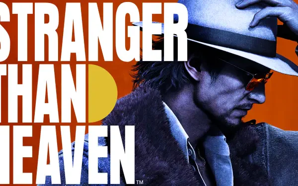 2K Quad HD PC desktop wallpaper for the video game Stranger Than Heaven: profile of a fedora-wearing, fur-collared man in sunglasses against an orange backdrop with bold white title text.