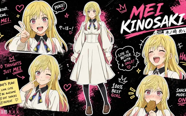 Mei Kinosaki anime 4K Ultra HD PC desktop wallpaper and background: collage of a blonde schoolgirl in multiple cheerful poses and expressions with pink doodles on a black backdrop.