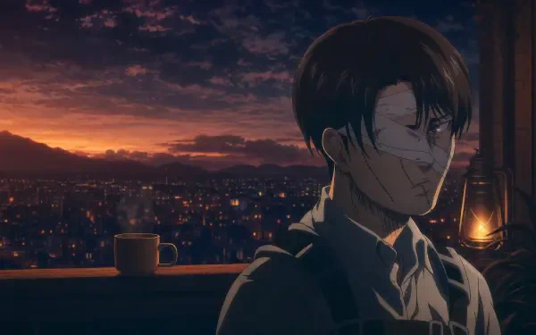 Levi Ackerman in shadowed profile at a lantern-lit windowsill, looking over a glowing dusk cityscape — 4K Ultra HD PC desktop wallpaper and background.