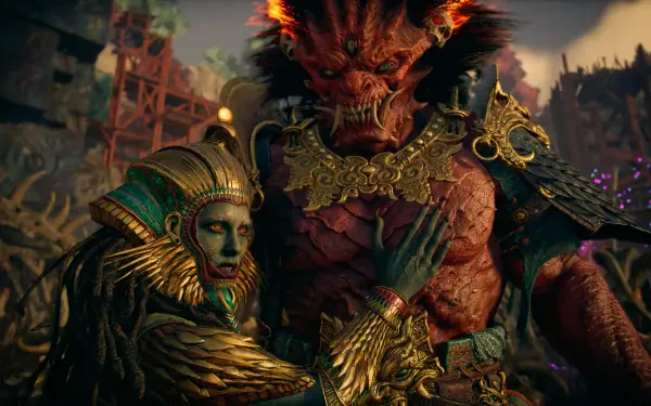 4K Ultra HD PC wallpaper from the video game God of War: Laufey in ornate gold armor embraces a towering red, horned warrior amid a shattered battlefield.