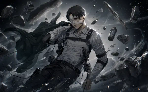 Levi Ackerman in Survey Corps gear, cloak billowing as he stands poised amid floating debris and gas canisters — dark, stormy 4K Ultra HD PC desktop wallpaper background.