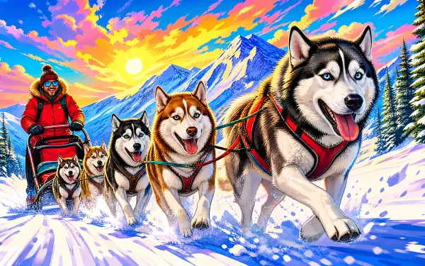 4K Ultra HD PC desktop wallpaper: a dog sled team of energetic huskies led by a musher racing across snow toward towering snowy peaks beneath a vivid sunrise sky.