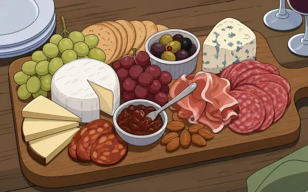 4K Ultra HD PC desktop wallpaper: illustrated charcuterie board with cheeses, cured meats, grapes, olives, crackers and jam on a wooden table.