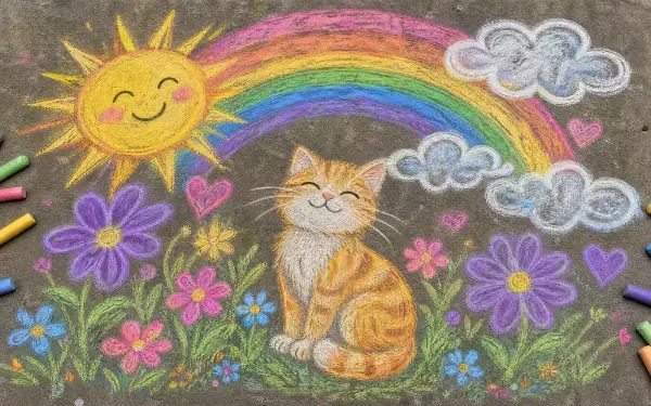 Sidewalk chalk scene: smiling sun, rainbow, clouds, hearts, colorful flowers and a content orange tabby cat — 4K Ultra HD PC desktop wallpaper and background.