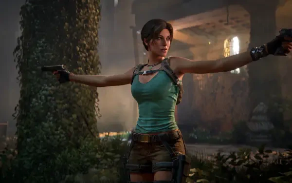 Lara Croft (Tomb Raider: Legacy of Atlantis) fires twin pistols amid overgrown ancient ruins — 4K Ultra HD PC desktop wallpaper.