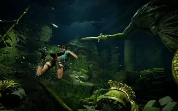 Lara Croft swimming through sunlit submerged ruins in Tomb Raider: Legacy of Atlantis — 4K Ultra HD PC desktop wallpaper.