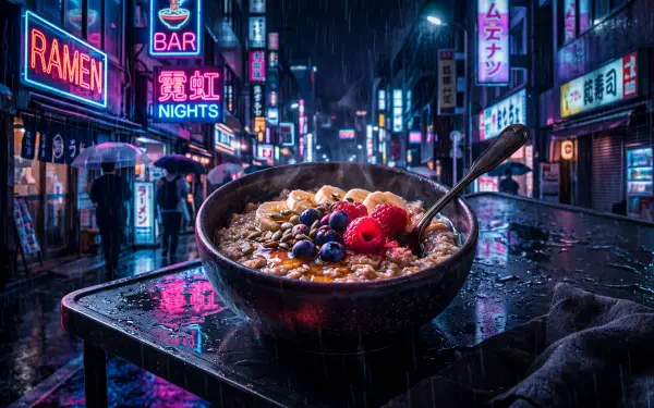 Oatmeal bowl with raspberries, blueberries and nuts on a wet table in neon-lit city streets, 5K Ultra HD PC Desktop Wallpaper and Background.