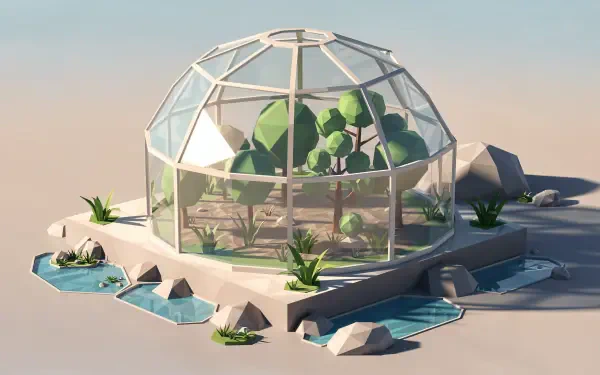 4K Ultra HD PC desktop wallpaper and background: minimalist glass biodome on a rocky islet with lush plants and clear water channels under a pastel sky.