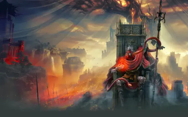 Elden Ring: Shadow of the Erdtree 8K Ultra HD PC desktop wallpaper — a crimson-robed figure on a throne atop a ruined citadel, a towering fiery tree and storm-dark skies loom in the distance.