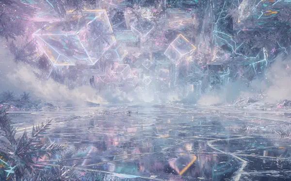 Frosty crystalline landscape with reflective frozen lake and floating geometric ice crystals, pastel hues — 4K Ultra HD PC desktop wallpaper and background.