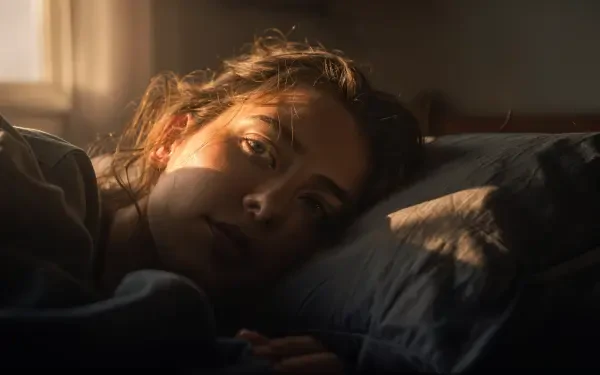 4K Ultra HD PC desktop wallpaper and background: close-up of a woman waking up in warm morning light, head on a pillow as soft shadows fall across her face.