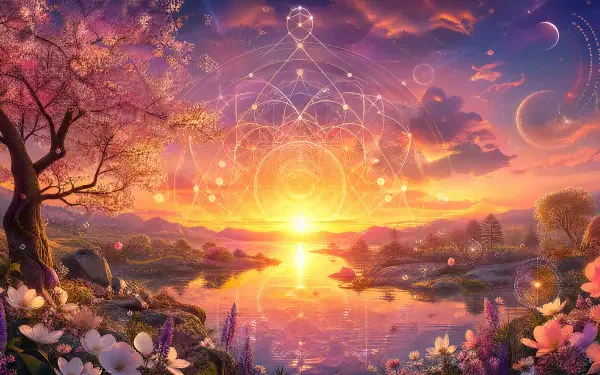 4K Ultra HD PC desktop wallpaper: spring sunset over a tranquil lake framed by cherry blossoms, glowing geometric light pattern in the sky, vivid pink, orange and purple hues.