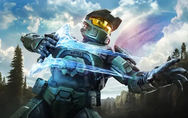 4K Ultra HD PC desktop wallpaper of the video game Halo: Campaign Evolved: Master Chief in green armor unleashing an energy shield with forested mountains and a dramatic cloudy sky.