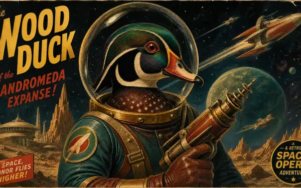 Retro sci‑fi illustration of a wood duck astronaut holding a ray gun on an alien landscape — 4K Ultra HD PC desktop wallpaper and background.