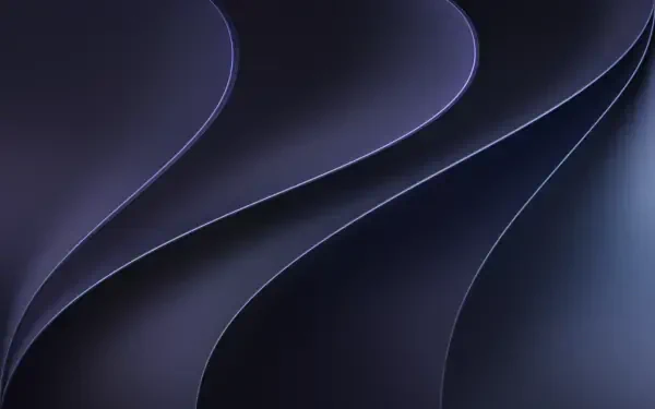 macOS 4K Ultra HD PC desktop wallpaper background: layered dark blue‑purple curved ribbons with soft gradients and subtle glossy highlights.