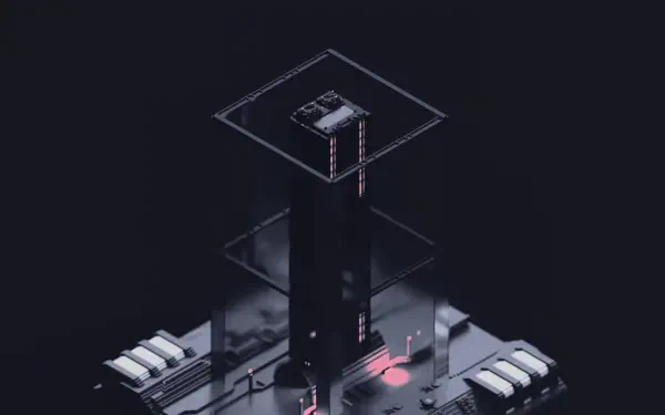 4K Ultra HD digital art artwork: a moody digital painting illustration of a dark landscape centered on a black monolith tower with neon accents, hovering square frames and surrounding machinery.