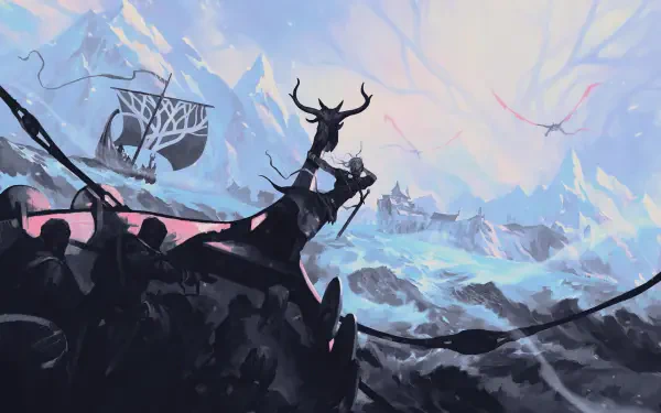 Digital painting illustration landscape — 4K Ultra HD PC desktop wallpaper and background: silhouetted stag on a cliff overlooking icy mountains and distant ships under pastel skies.