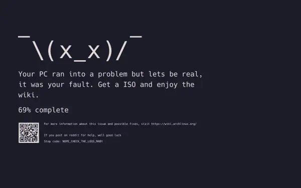 Minimalist dark digital art landscape HD PC desktop wallpaper — digital painting/illustration artwork showing an ASCII dead-face ¯\_(x_x)_/¯ with mock error text, progress percentage and QR code.
