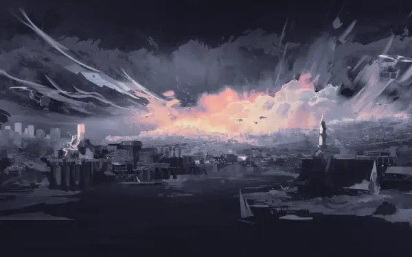 HD digital painting landscape illustration: moody cityscape at dusk, dramatic storm clouds parting to reveal a glowing sunset over the skyline — artwork PC desktop wallpaper/background.
