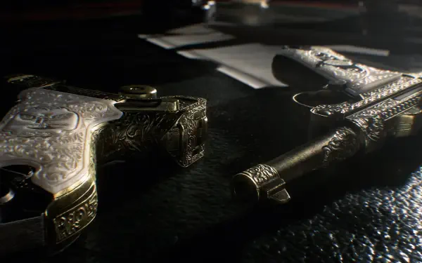 Ornate antique pistols glint on a dark table under dramatic lighting — Resident Evil: Veronica (video game) 4K Ultra HD PC desktop wallpaper/background.