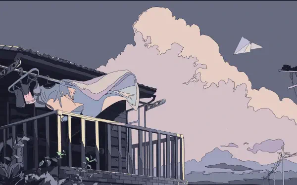 Digital art, digital painting illustration: pastel landscape artwork of a girl leaning from a balcony toward paper planes and clouds — 4K Ultra HD PC desktop wallpaper background.